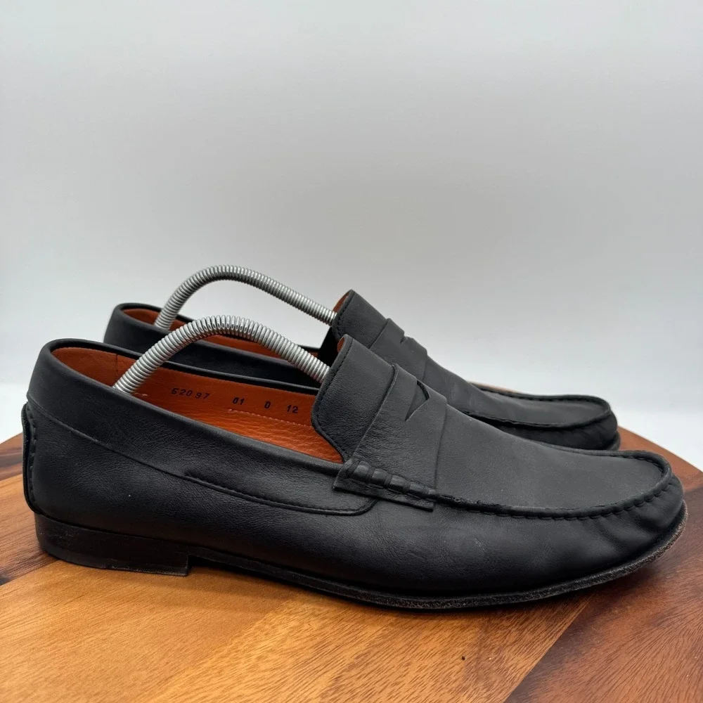 Santoni Turner Black Leather Penny Loafers Mens 12 Made In Italy Casual Dress